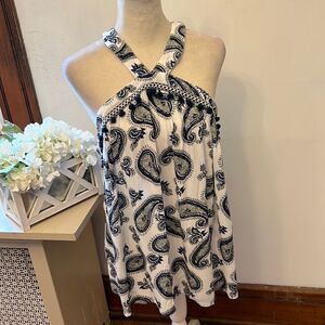 Skies Are Blue white navy paisley tank top with pom pom accents Size M New